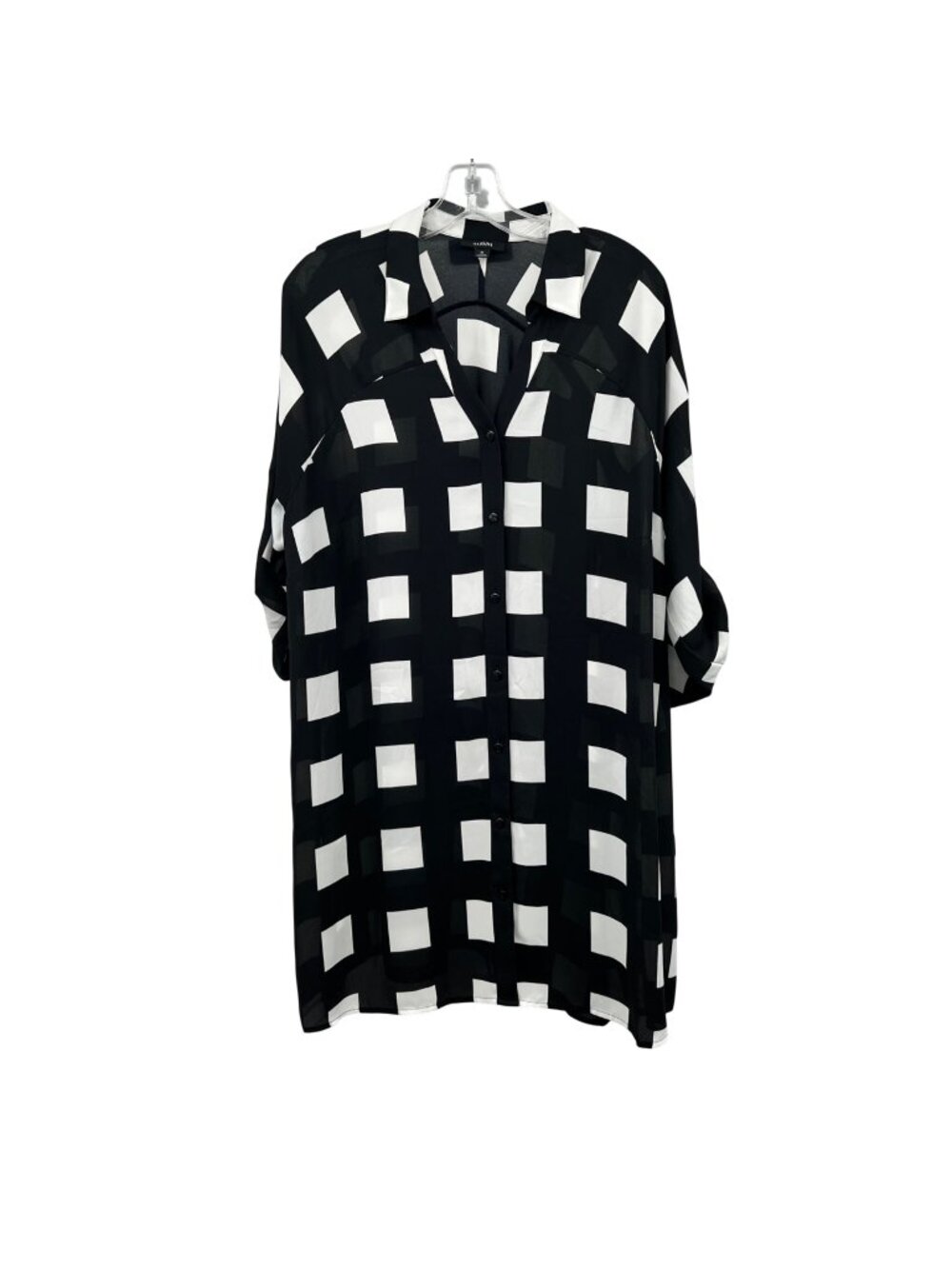 ALFANI Womens Check Sheer Tunic Top Button Up 3/4 Roll Tab Sleeve Black/White XL